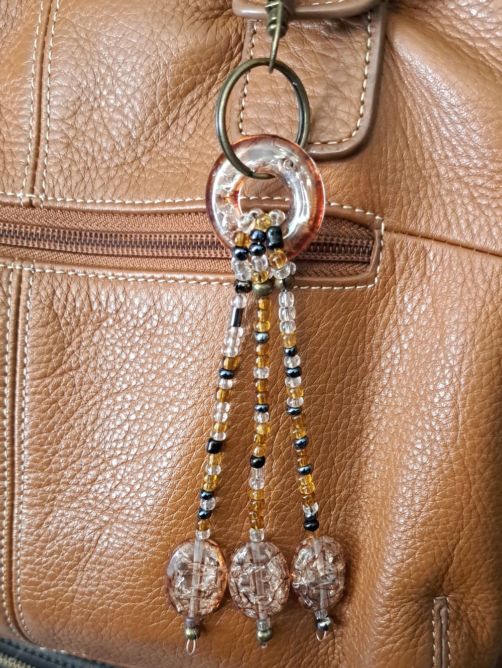 Hand Crafted Beaded Tassel Bag Charm Keyring - Amber, Black & Clear